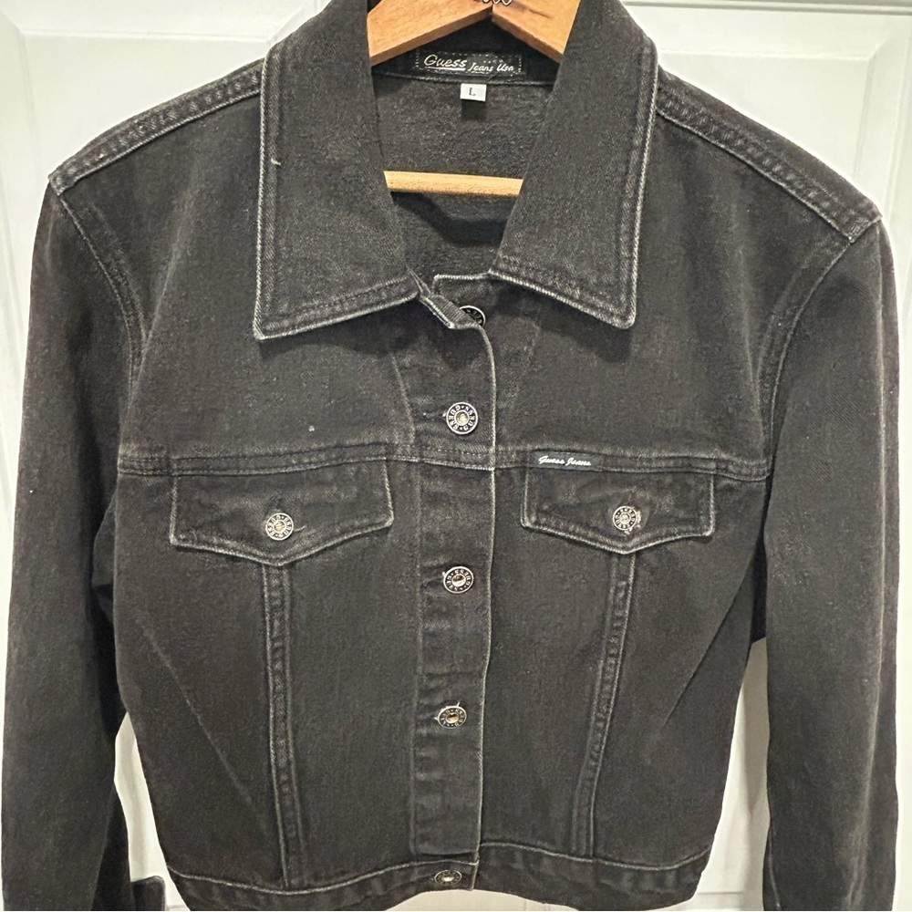 Vintage 90's GUESS Jeans Women's Black Denim Trucker Jacket Cotton cropped Large
